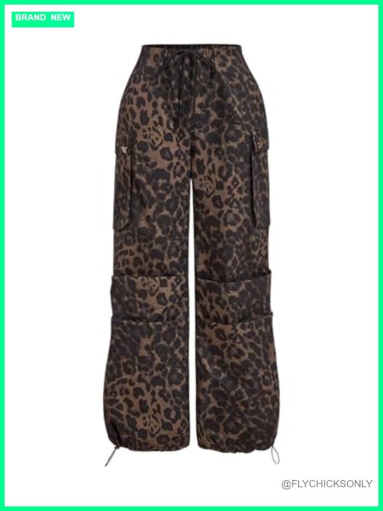 Baggy Cargo Parachute Pants With Pockets High Waist Wide Leg Animal Print